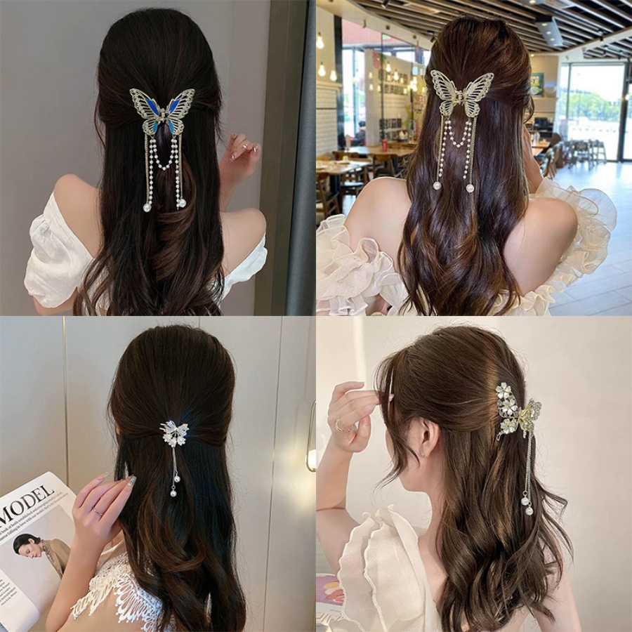 Korea Alloy Kupu-Kupu Mutiara Berlian Imitasi Jepit Rambut Hair Claw Kristal Rumbai Bunga Hair Clip Woman Aksesoris Rambut