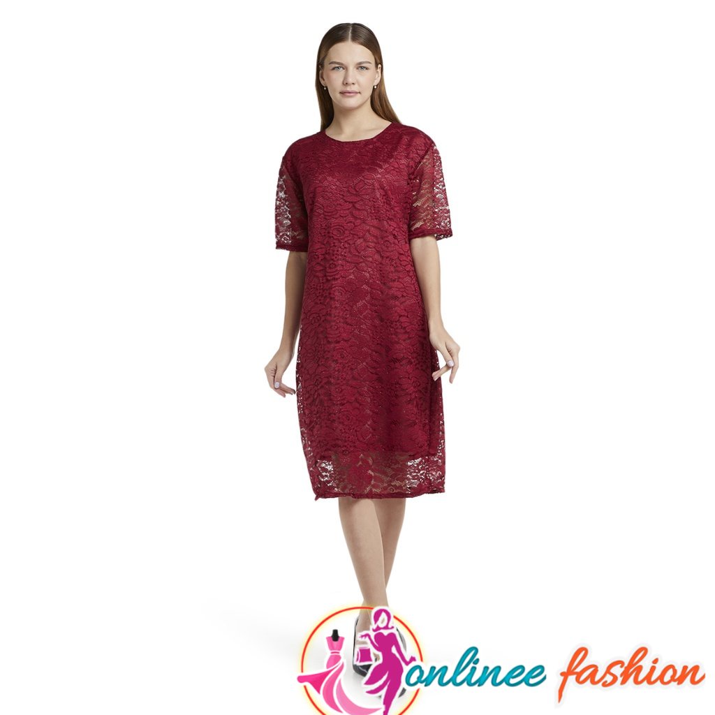 SALEE Midi Dress Jumbo Korea Casual Cintari Maroon Dres Wanita Lengan Pendek Brokat lapis furing