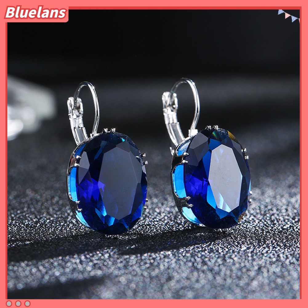 {In Stock} Elegan Wanita Oval Batu Permata Imitasi Hias Menjuntai Leverback Earrings Perhiasan Hadiah