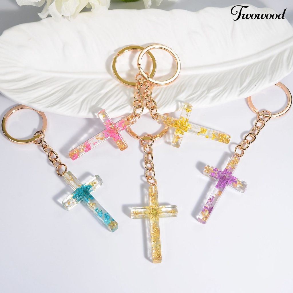 Twowood Gantungan Kunci Handmade Bunga Kering Isi Resin Liontin Serbaguna Berkilau Souvenir Hadiah Cross Key Ring Tas Ornamen Wanita Pria Perhiasan Aksesori Fashion