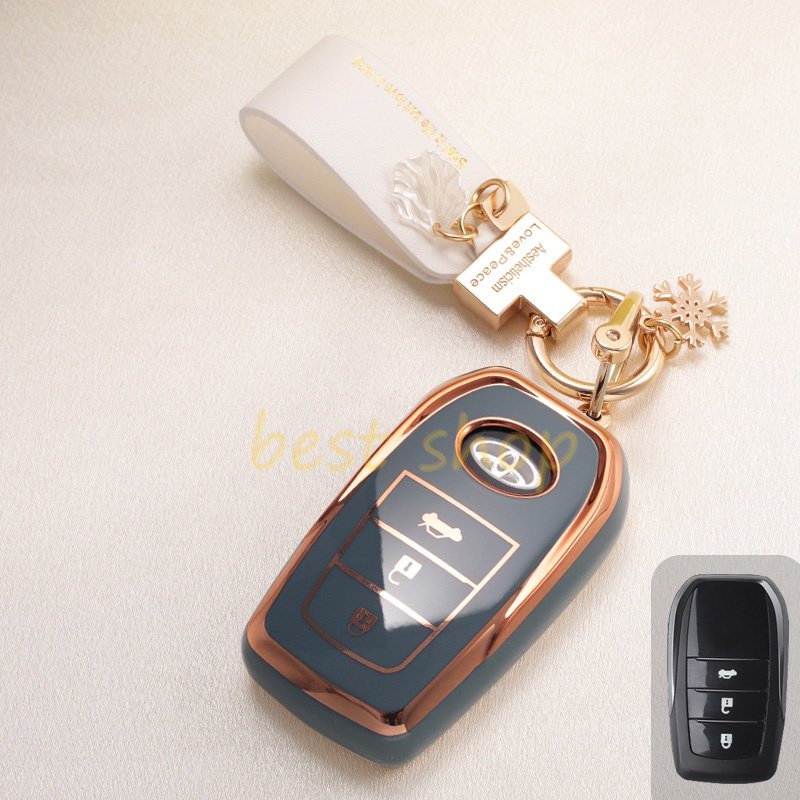 Tpu Desain Tepi Emas Toyota Fortuner Innova Key Cover Remote Mobil Fob Key Case Holder Shell Gantungan Kunci Untuk Toyota Yaris Hilux Vellfire Altis Auris Innova