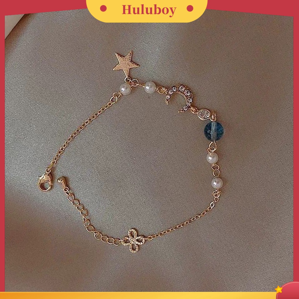 {Ready Stock} Sweet Star Faux Pearl Moon Beads Gelang Rantai Alloy Adjustable Untuk Anniversary