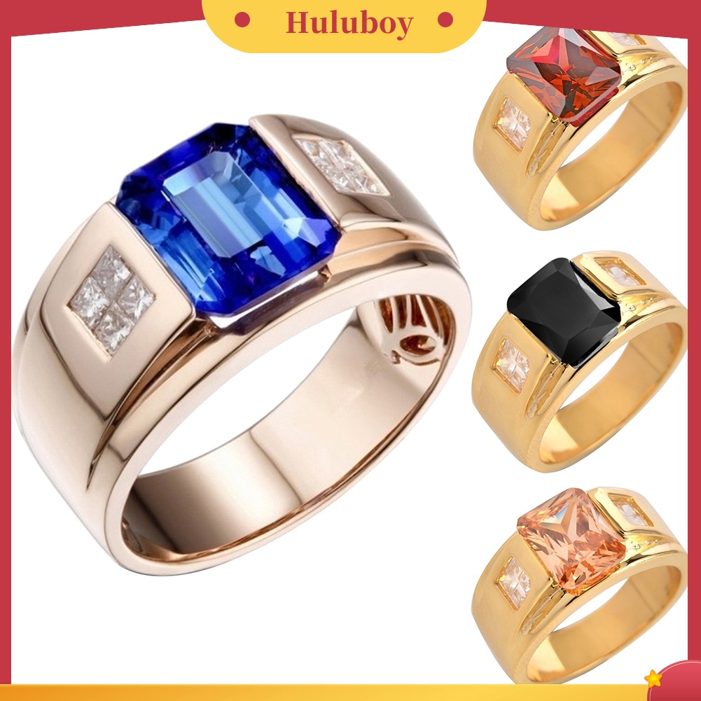 {Ready Stock} Pesta Pernikahan Pria Persegi Berlian Imitasi Bertatahkan Lebar Band Jari Cincin Perhiasan Hadiah