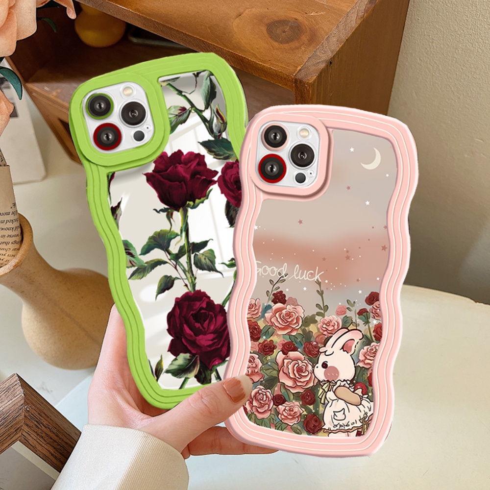 Redmi10 9C 10A 10C 9A 9T Redmi Note11 Pro Note11S Note10 5G 10s Note9 Note8 Poco M5S X3 NFC M3 Wavy Edge Lukisan Minyak Spiked Rose Bergambar Kelinci Wavy Soft Case RIXAUN