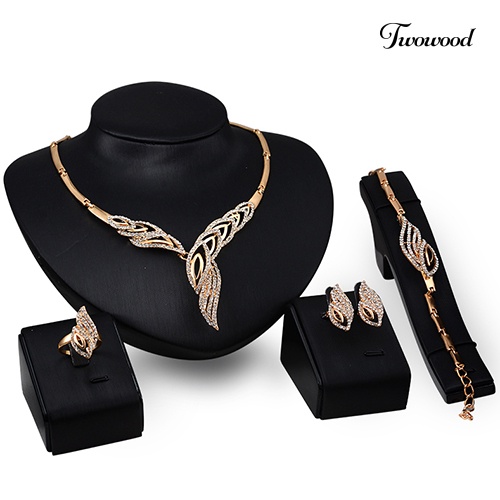 Twowood Pernikahan Pengantin Pesta Bergelombang Berlian Imitasi Choker Kalung Gelang Cincin Anting Set