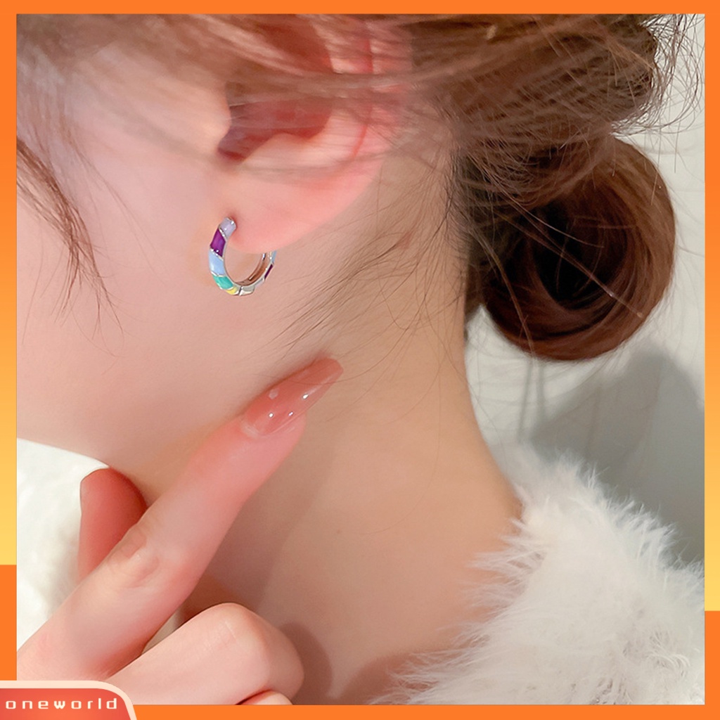 [OWR] 1pasang Anting Stud Warna Kontras Enamel High Gloss Tahan Luntur Dekorasi Barang Fashion Tidak Alergi Rainbow Bulat Lingkaran Hoop Earrings Aksesori Perhiasan