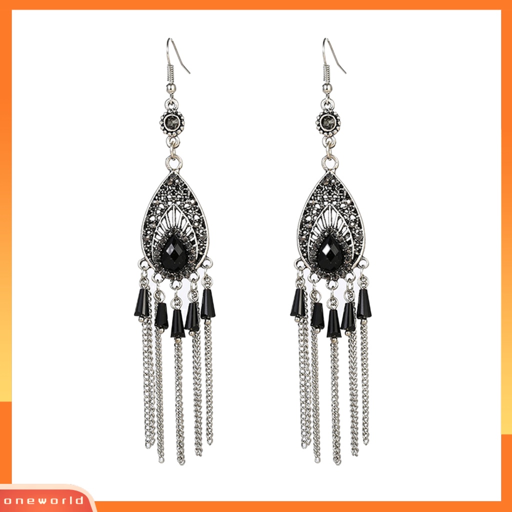 [OWR] 1pasang Wanita Anting Drop-shaped Rumbai Panjang Hias Berlian Imitasi Tahan Keringat Anti Karat Gaya Cina Drop Earrings Fashion Perhiasan