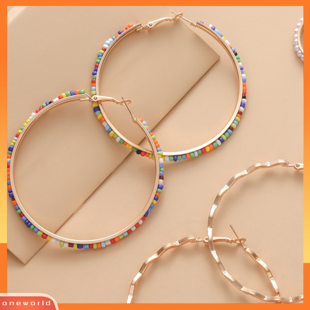 [OWR] 6pasang Hoop Earrings Set Mini Beads Rhinestones Inlay Geometris Alloy Perhiasan Elegan Dress-Up Aksesoris Lingkaran Anting Telinga Studs Pesta Malam Memakai Perhiasan Hadiah