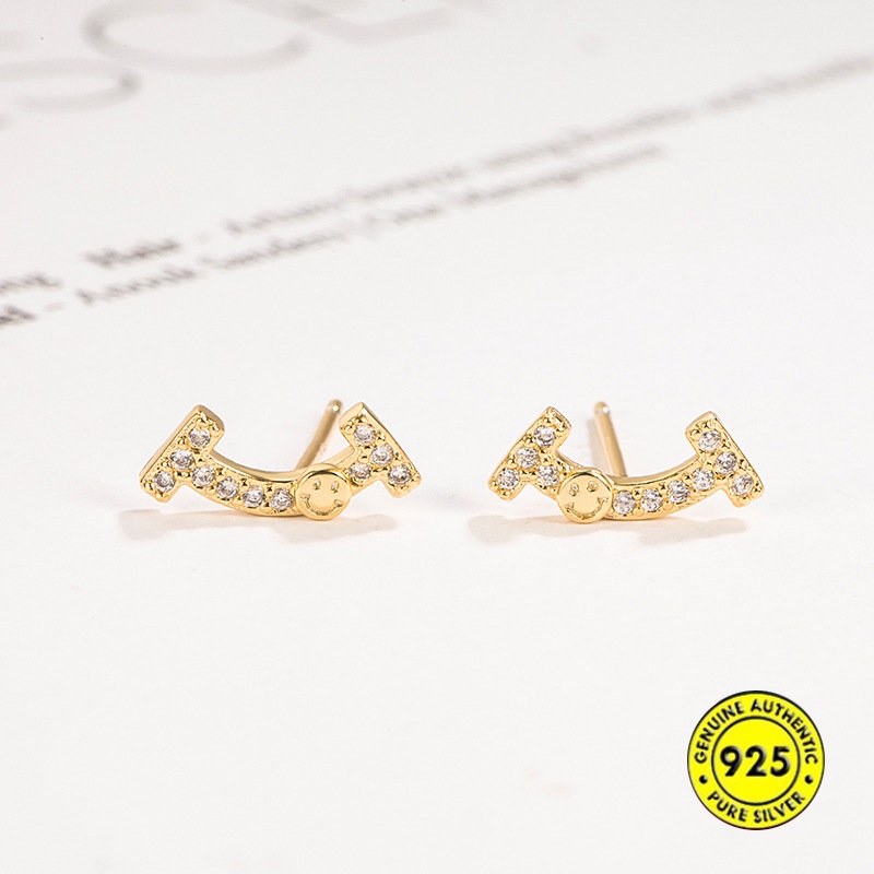 Anting S925 Silver Needle Smile Simple Dan Compact Berlian Imitasi Melengkung Untuk Wanita U1218