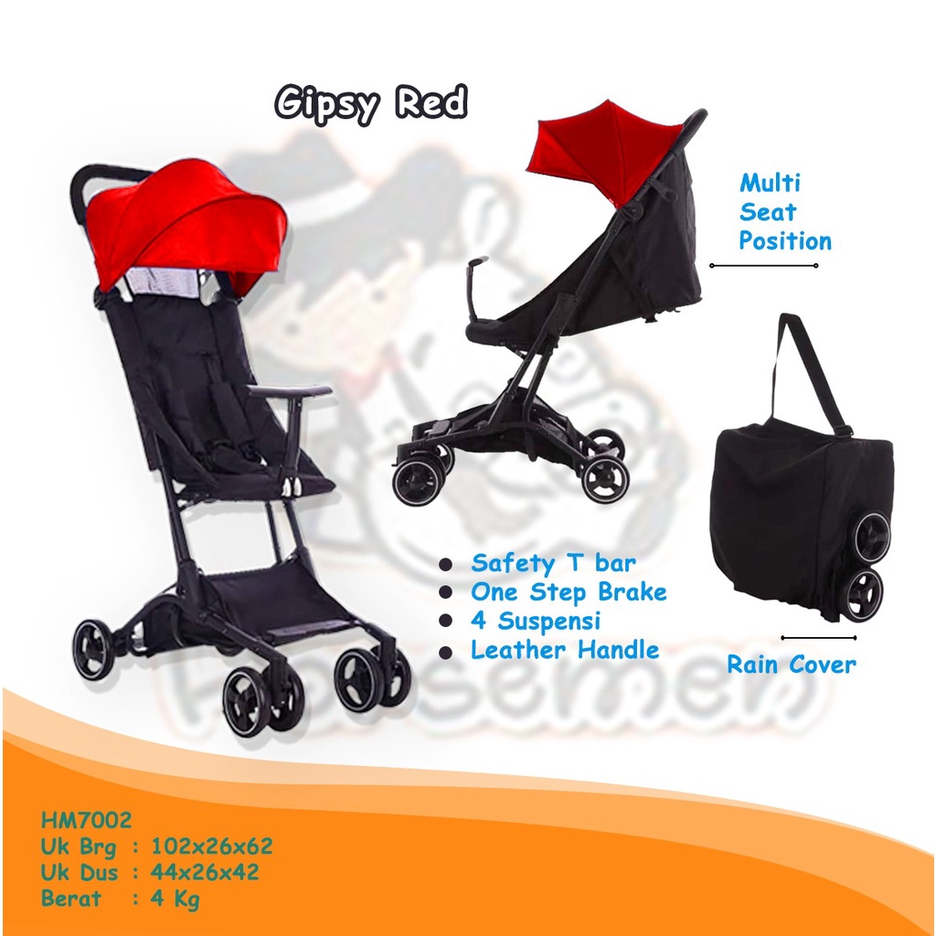 HM7002 Gipsy Red Stroller Stroler Stoler Stoller Cabin Size Kabin Pesawat Lipat Kecil Mini New Born 