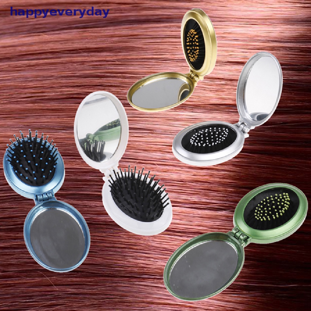 [happy] Sikat Rambut Lipat Portable travel Dengan Cermin compact pocket size comb gifts [ID]
