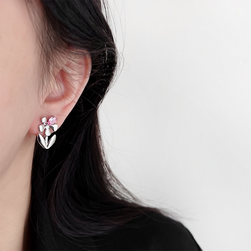 Papaozhu Elegan S925 Perak Berkilauan Pink Zirkon Bunga Stud Anting-Anting Untuk Wanita Perempuan Chic Bersinar Kristal Blossom Anting-Anting Temperamen Aksesoris Telinga Pacaran