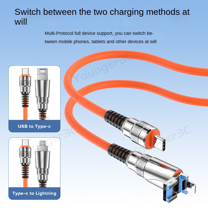 100w Adaptor Ganda Tipe C PD Flash Charging Cable 2In1 Kabel Data Penggunaan Ganda Kecepatan Tinggi 6A Jalur Pengisian Super Cepat Untuk ios Tipe C