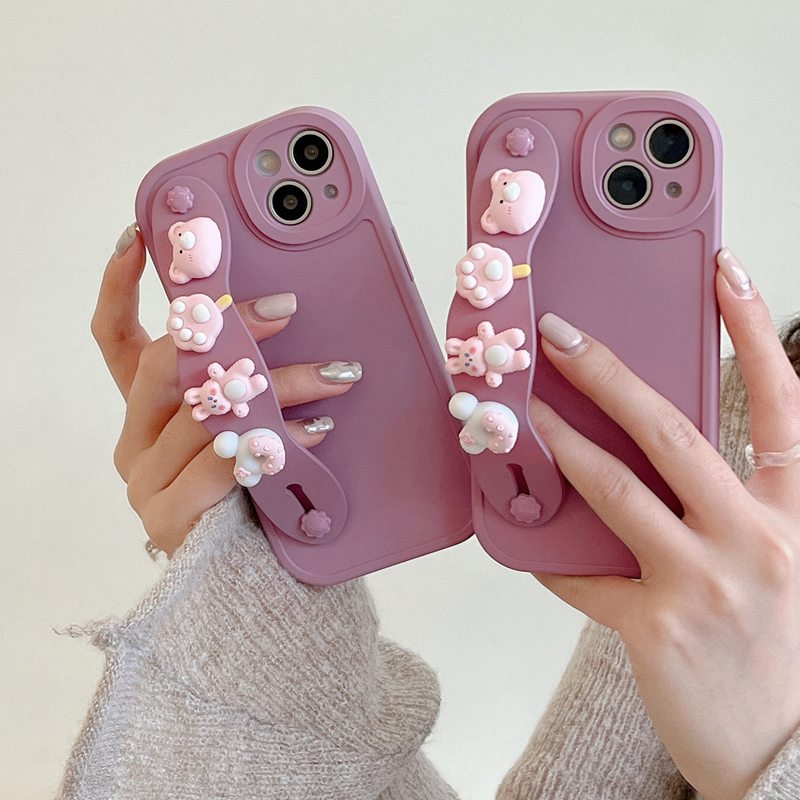 IPHONE Gelang Boneka Beruang Bunny Support Soft Case HP iP Iphone6 6S 7 8 14+Plus SE 2020 X XS XR 11 12 13 Pro Max Purple FTD Casing Apple