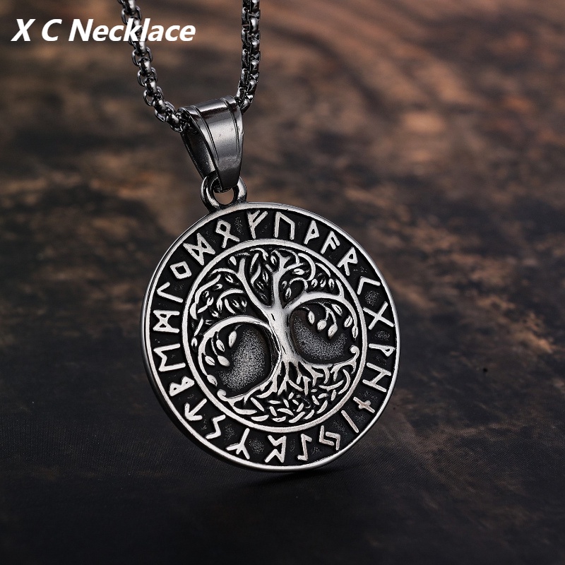 [X C Kalung] Baru Silvery Vintage Viking Rune Life Tree Pendant Punk Hip Hop Stainless Steel Kalung Hadiah Pesta Ulang Tahun Untuk Pria Dan Wanita