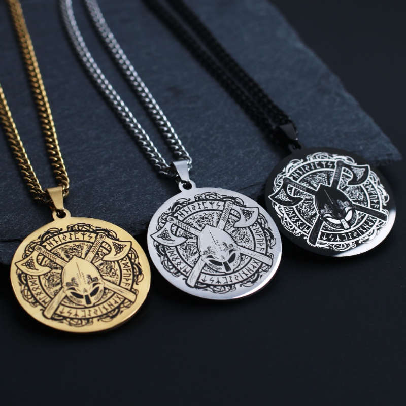 [Kalung X C] New Gold &amp; Silver Hip-hop Punk Retro Viking Odin Helm Kapak Tempur ​Kalung titanium Steel Liontin Anti Karat Untuk Perhiasan Hadiah Liburan Pria Dan Wanita