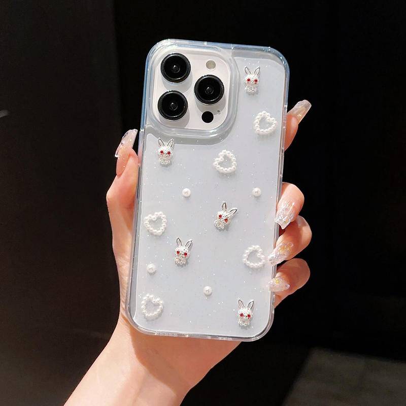 Soft Case Bening 3D Kartun Kelinci Mutiara Cinta Untuk Iphone14 13 12 11 Pro MAX Plus Mini Bling Transparan Cover Untuk iPhone X XS MAX XR 7 8 Plus SE 2022 2020