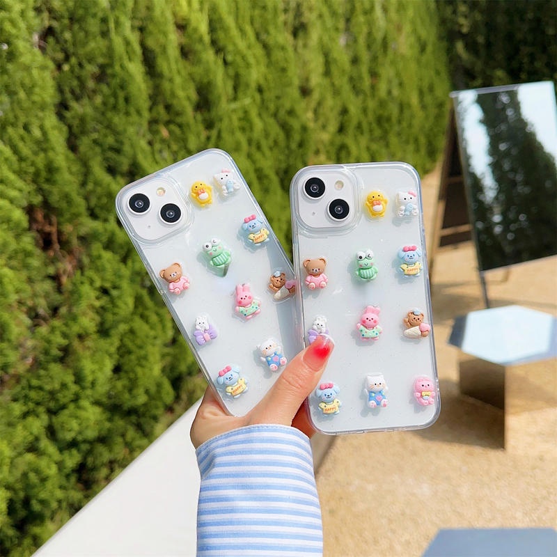 Lucu Drop Lem Akrilik 3D Kelinci Beart Kapal Gadis Anjing Kartun Case Untuk Iphone14 13 12 11 Pro MAX Plus Mini Shockproof Cover Untuk iPhone X XS MAX XR 7 8 Plus SE 2022 2020