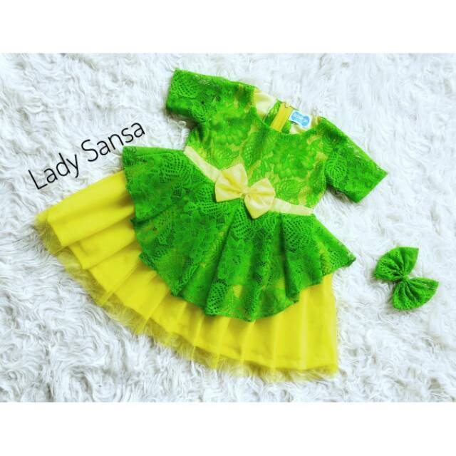DRES  ANAK"'LADYSANSA "'bahan BROKAT + TILLE warna  HIJAU kombinasi KUNING