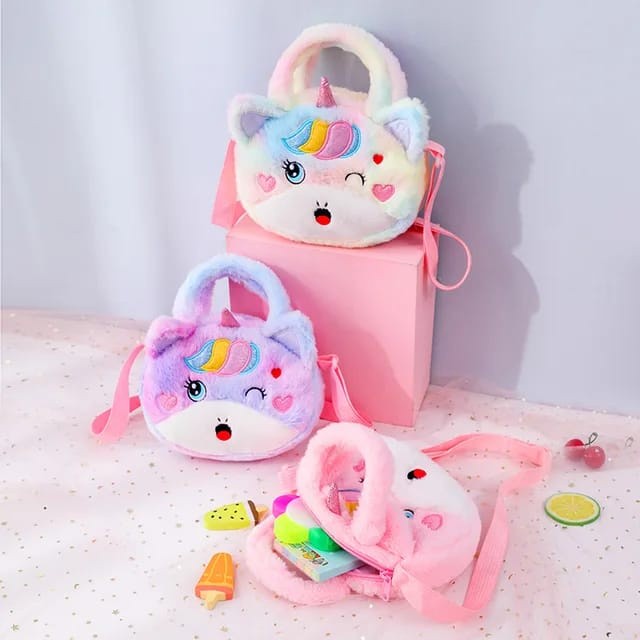 Tas Selempang Unicorn Anak Bulu Halus Sling Bag Bundar Pegangan Cewek