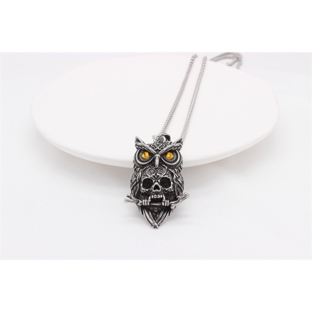 [Z H Perhiasan] Vintage Pria Fashion Stainless Steel Owl Tengkorak Liontin Kalung Hip Hop Pesta Baja Titanium Perhiasan Aksesoris