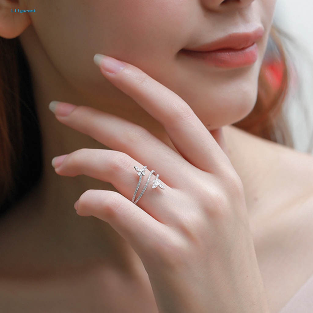 Lilyscent Dipoles Cincin Perempuan Fashion Perhiasan Bling Berlian Imitasi Kupu-Kupu Wanita Cincin Memutar