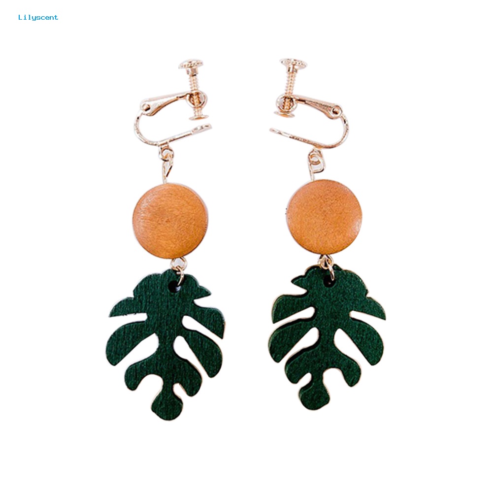 Lilyscent Bohemian Kayu Monstera Daun Menjuntai Wanita Stud Earrings/Klip Telinga Perhiasan Hadiah