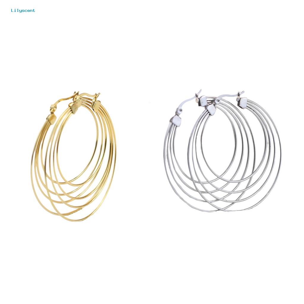 Lilyscent 1pasang Burrs-free Hoop Earrings Aksesoris Kostum 4layer Anting Hoop Besar Geometris