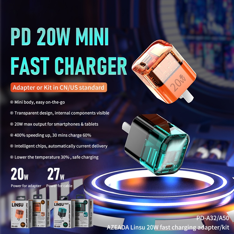 Kepala Charger Transparan Punk US Plug PD20W Pengisian Cepat Kepala Charger Hp Mini Persegi A+C Adaptor PD Pengisian Cepat