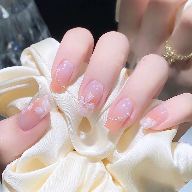 [Dengan Lem] 2023set Kuku Palsu Dengan Lem Fake Nails Flower Pearl with Design Nails COD