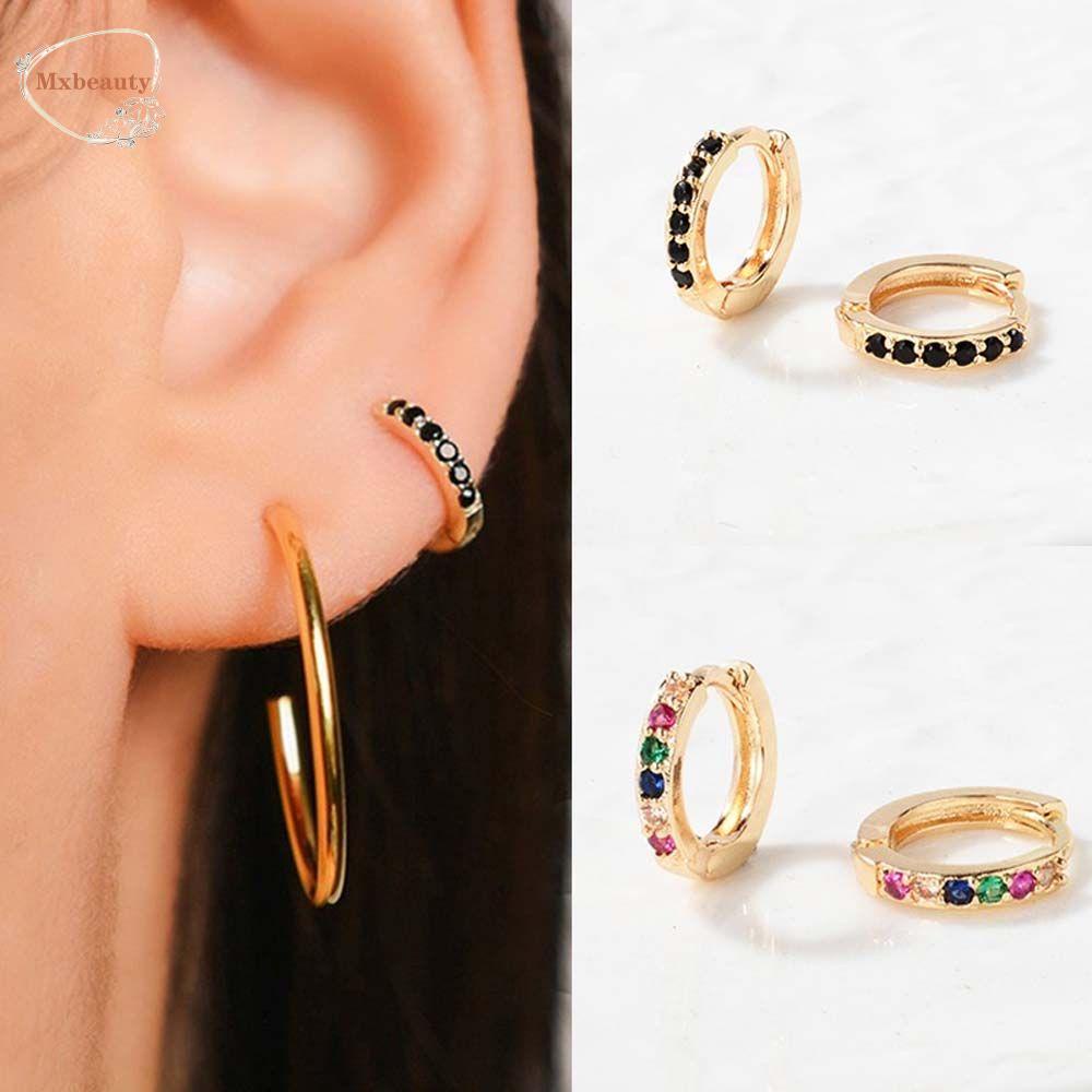 Mxbeauty Anting Hoop Punk Septum Sederhana Tindik Tubuh Bulat Lingkaran Huggie Berlian Imitasi Zirkon Skinny Stud Earrings