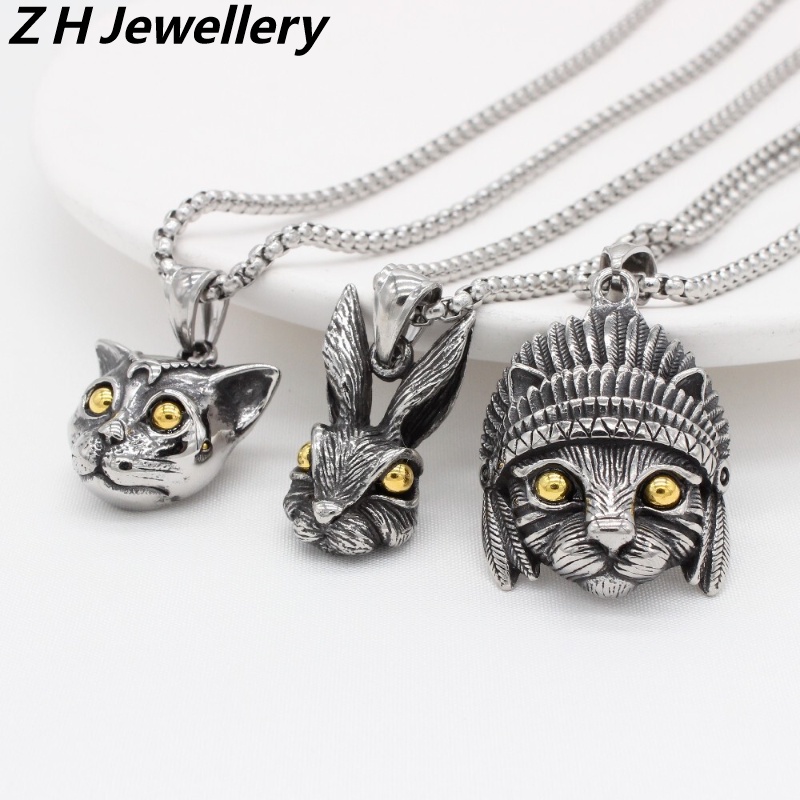 [Z H Perhiasan] Vintage Fashion Pria Anti Karat Permata Kepala Kucing Kelinci Tengkorak Liontin Kalung Hip Hop Pesta Baja Titanium Perhiasan Aksesoris