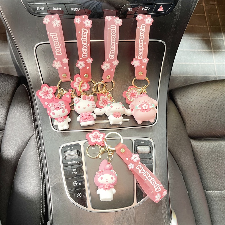 Hadiah Gadis Gantungan Kunci Pink Lucu 3D Sakura Hewan Warna Emas Mobil Rumah Gantungan Kunci Tas Ponsel Case Bluetooth Earphone Cover Charms Liontin Dengan Tali Anti Hilang