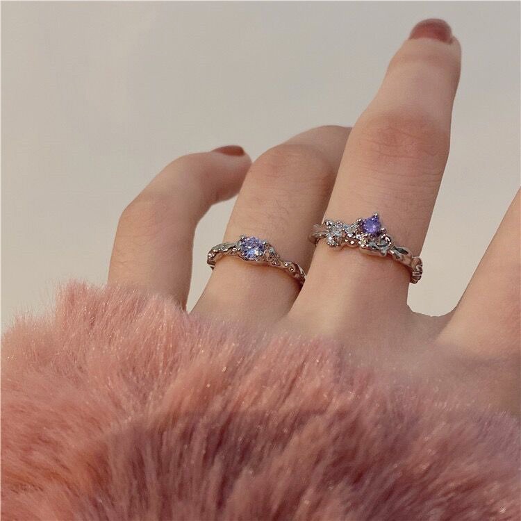 2pcs/set Cincin Kristal Ungu Set Fashion Zirkon Pembukaan Cincin Perak Untuk Aksesoris Perhiasan Wanita