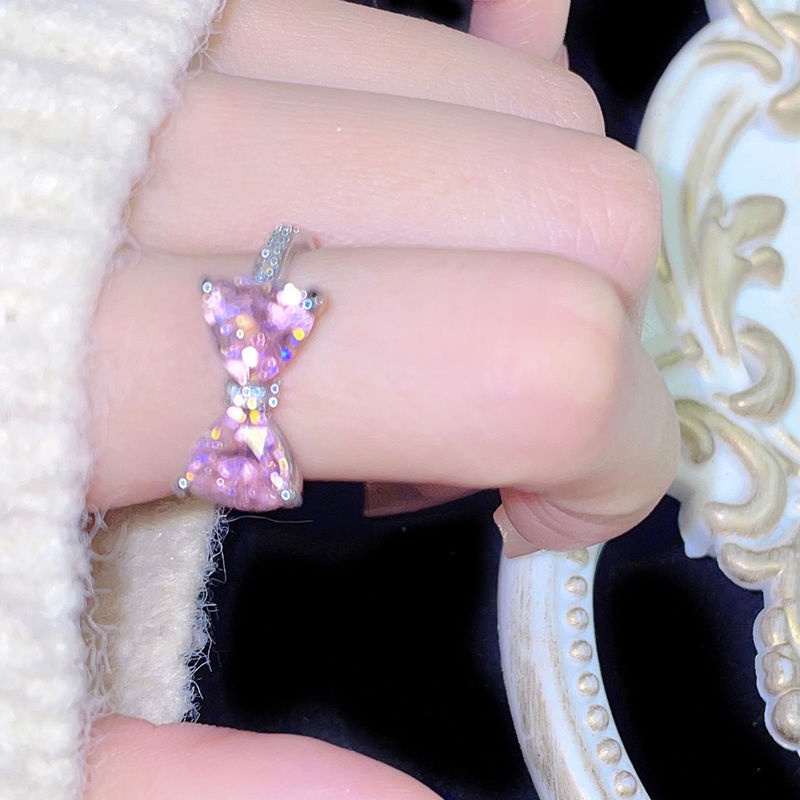 Putri Waltz Perancis Romantis Merah Muda Berlian Busur Cincin Lady Instagram Manis Niche Cinta Hadiah Ulang Tahun