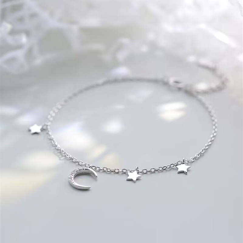 Kami Bunga Ins Trendi s925 Perak Zirkon Bintang Bulan Gelang Untuk Wanita Perempuan Korea Elegan Rumbai Langit Berbintang Gelang Musim Panas Pergelangan Tangan Rantai Perhiasan