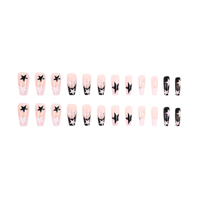 24pcs/set Kuku Palsu DIY Kuku Palsu Panjang Bintang Hitam Dan Putih Nail Art Tips Dengan Jelly Gel