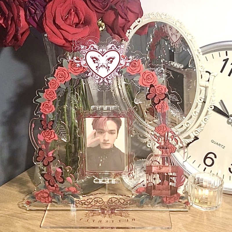 Romantic Rose Bingkai Foto Akrilik Rotatable Deluxe 3inch Card Holder Desktop Display Frame Idol Photocard Pelindung Case Lucu DIY Hadiah