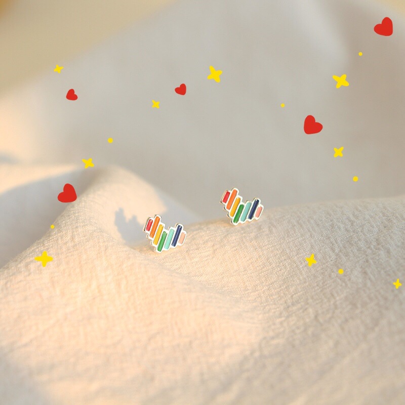 Kami Bunga Korea S925 Perak Lucu Kecil Rainbow Heart Stud Earrings Untuk Wanita Gadis Indah Warna-Warni Cinta Anting-Anting Fashion Telinga Perhiasan Hadiah