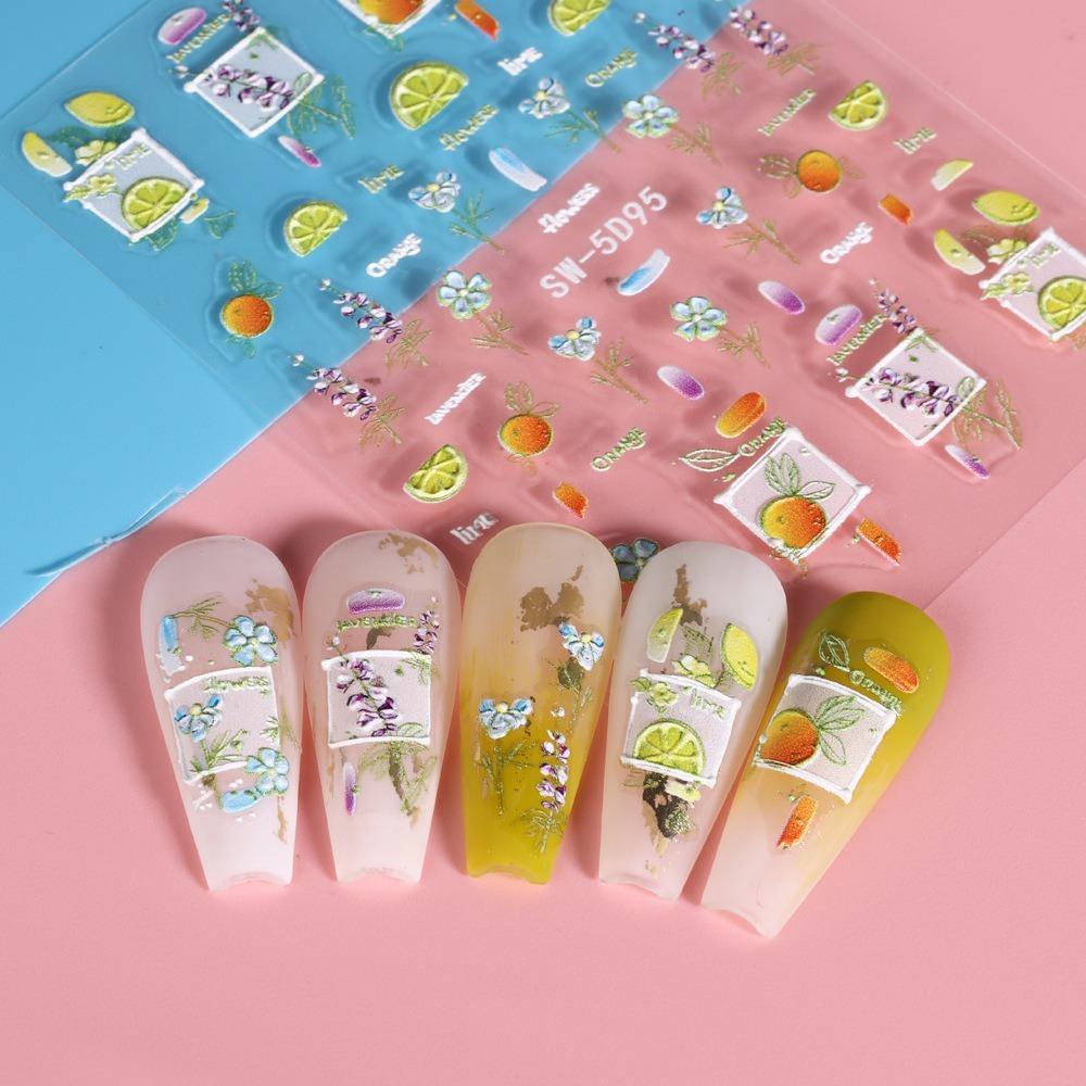 Mxbeauty Buah Stiker Kuku Wanita 5D Relief Bunga Lemon Peaches Self Adhesive Nail Dekorasi