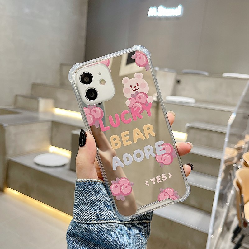 [Anti Jatuh Cermin] Pretty Silver Makeup Silikon Soft Case IPhone 6S 7 8 Plus X XR XS Max IPhone 11 12 13 14 Pro Max 14 Plus 7+8+12 13 Mini Wanita Cewek Lucu Tomat Blueberry Bear