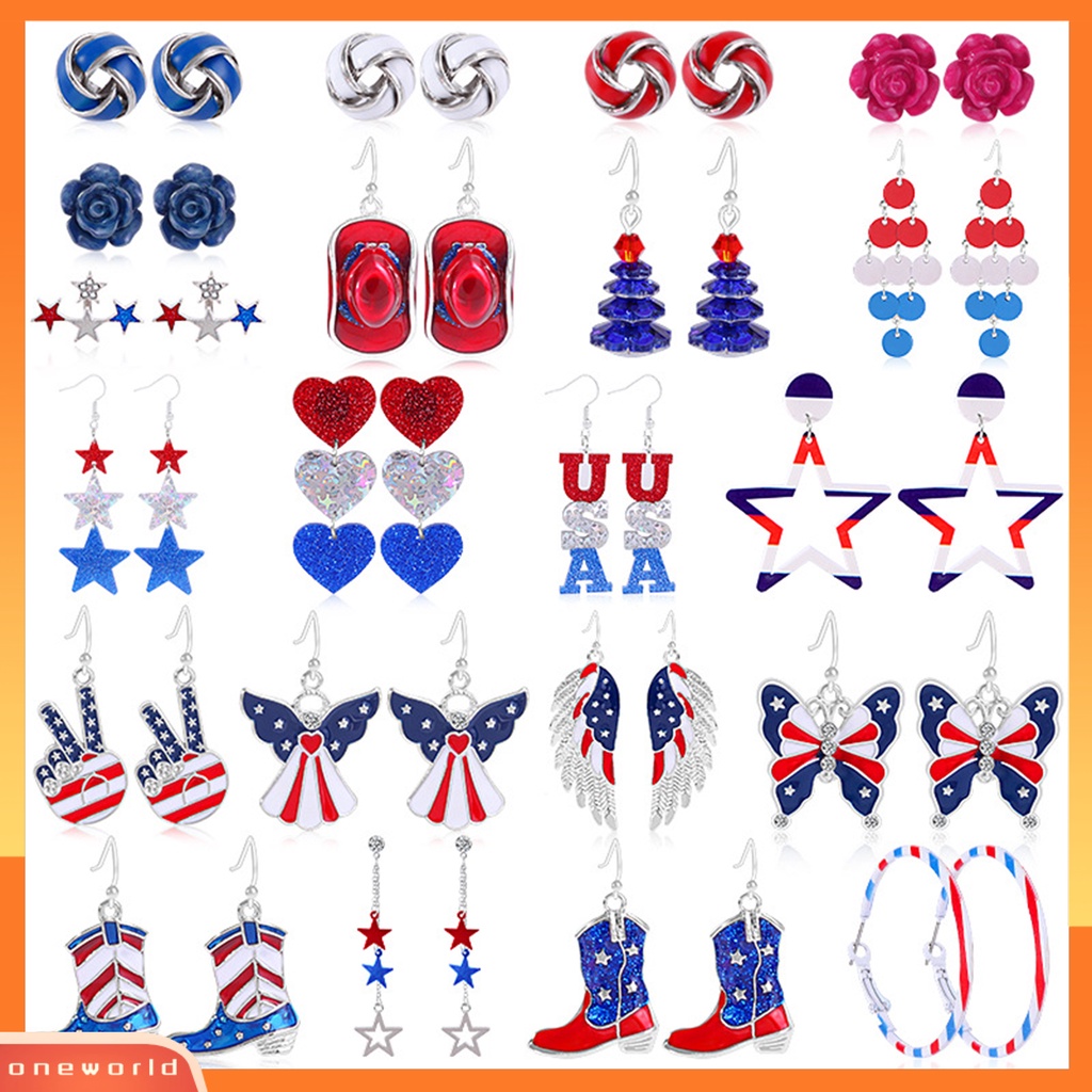 [EONE] 1pasang Anting Multi-Gaya Pola Geometris Vintage Tidak Alergi Tidak Sakit Memakai Menghias Hypoallergenic Merah Putih Biru Patriotik Menjuntai Anting Wanita Perhiasan