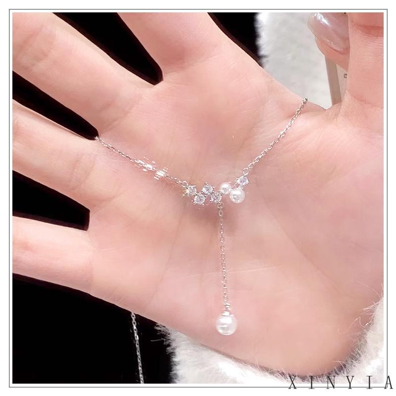 【Bayar di tempat】2023 Gaya Baru Korea Berlian Bertatahkan Tulang Selangka Rantai Rumbai Mutiara Imitasi Kalung Wanita Desain Mewah Ringan