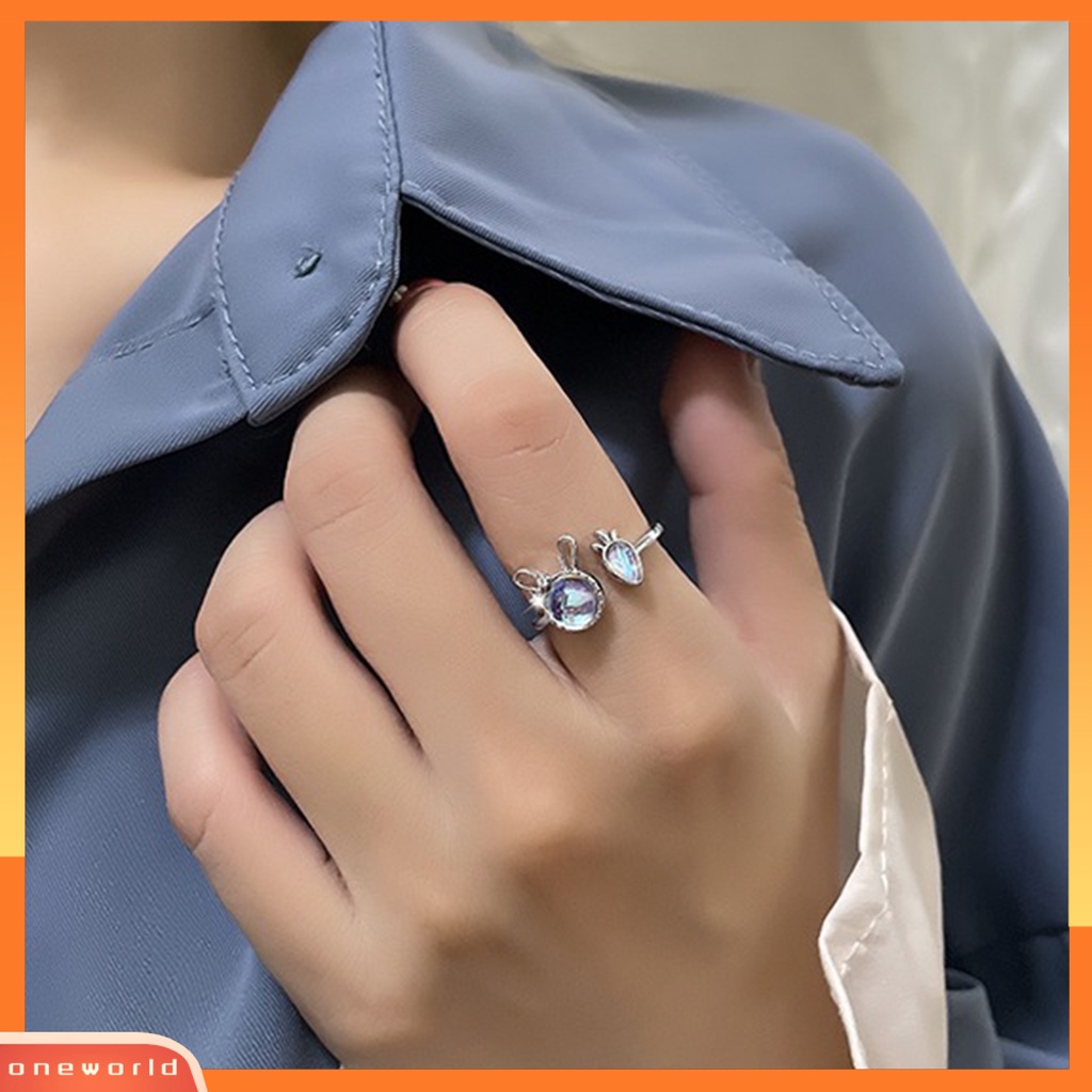 [EONE] Wanita Cincin Shiny Faux Moonstone Animal Element Adjustable Opening Design Hias Hadiah Kelinci Kecil Lobak Jari Cincin Perhiasan Pesta Untuk Pacaran