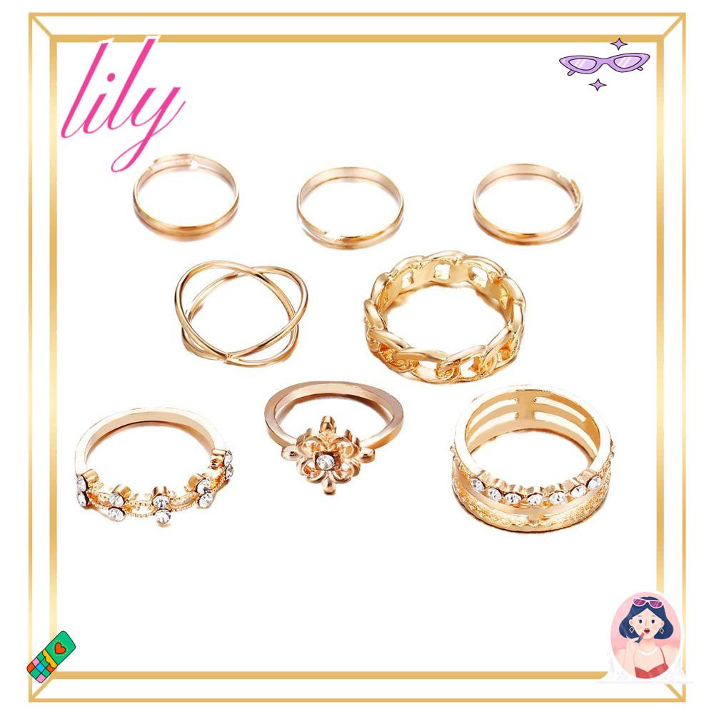 Lily 8pcs/set Cincin Hadiah Perempuan Wanita Jari Cincin Kristal Vintage