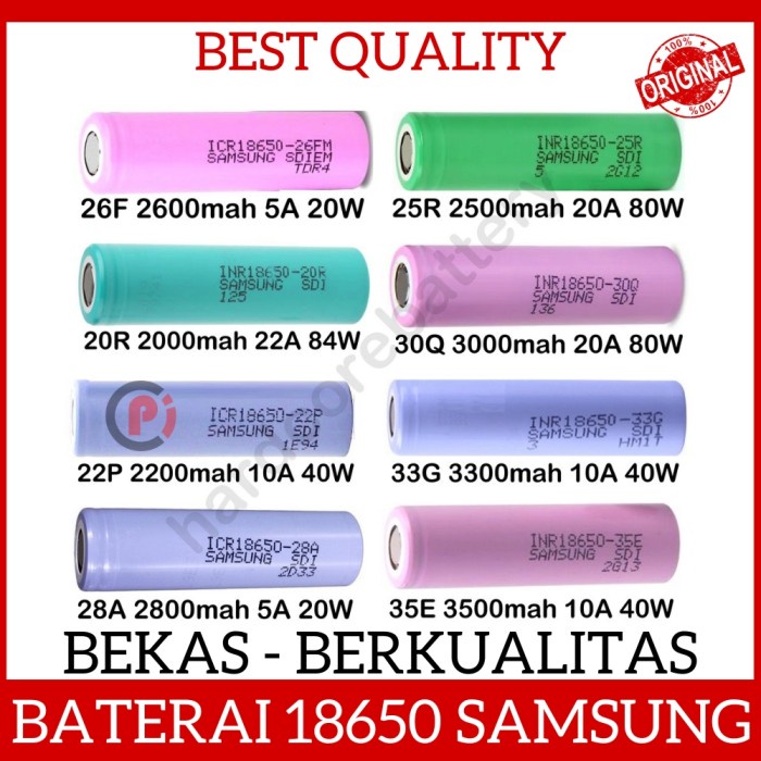 EX SAMSUNG Baterai Cas 18650 Li Ion 3.7 Volt Banyak Tipe Rechargeable