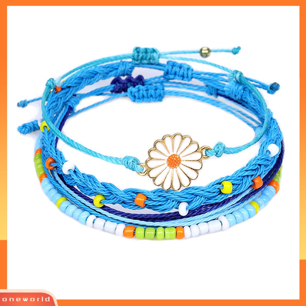[EONE] 4 Pcs Wanita Gelang Gaya Bohemian Paduan Tahan Air Tenun Tangan Gelang Braided Bangle Dengan Liontin Set Hadiah Ulang Tahun
