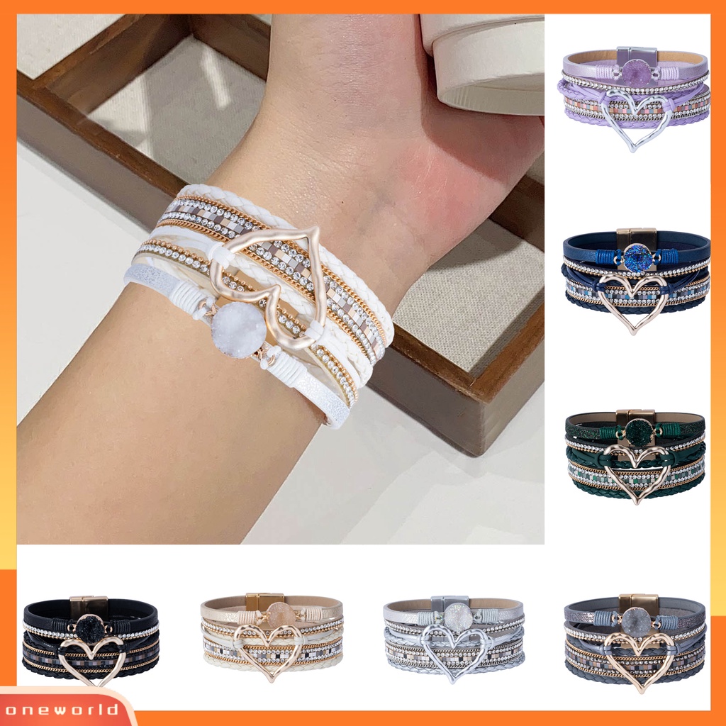 [EONE] Wanita Gelang Kulit Imitasi Cinta Hati Pesona Multi-layer Bohemia Resin Batu Hadiah Dikepang Punk Gadis Cuff Bangle Fashion Perhiasan