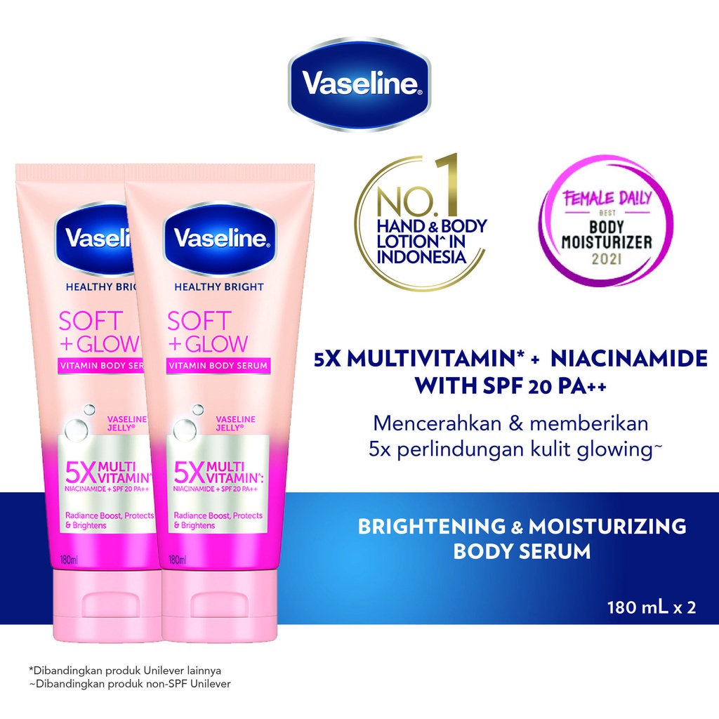 Vaseline Body Serum Body Lotion Soft Glow with Niacinamide, 100X Vit C &amp; SPF20 180ml Twinpack