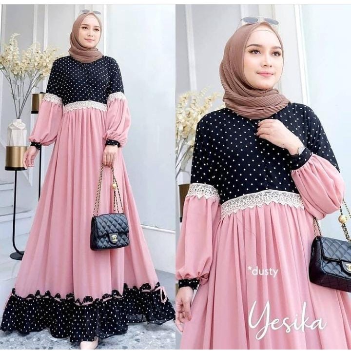 GAMIS STORE - Yesika Dress Polka Mix Cerutty Lapis Premium Fashion Gamis Maxy Gaun Wanita Pesta Kondangan
